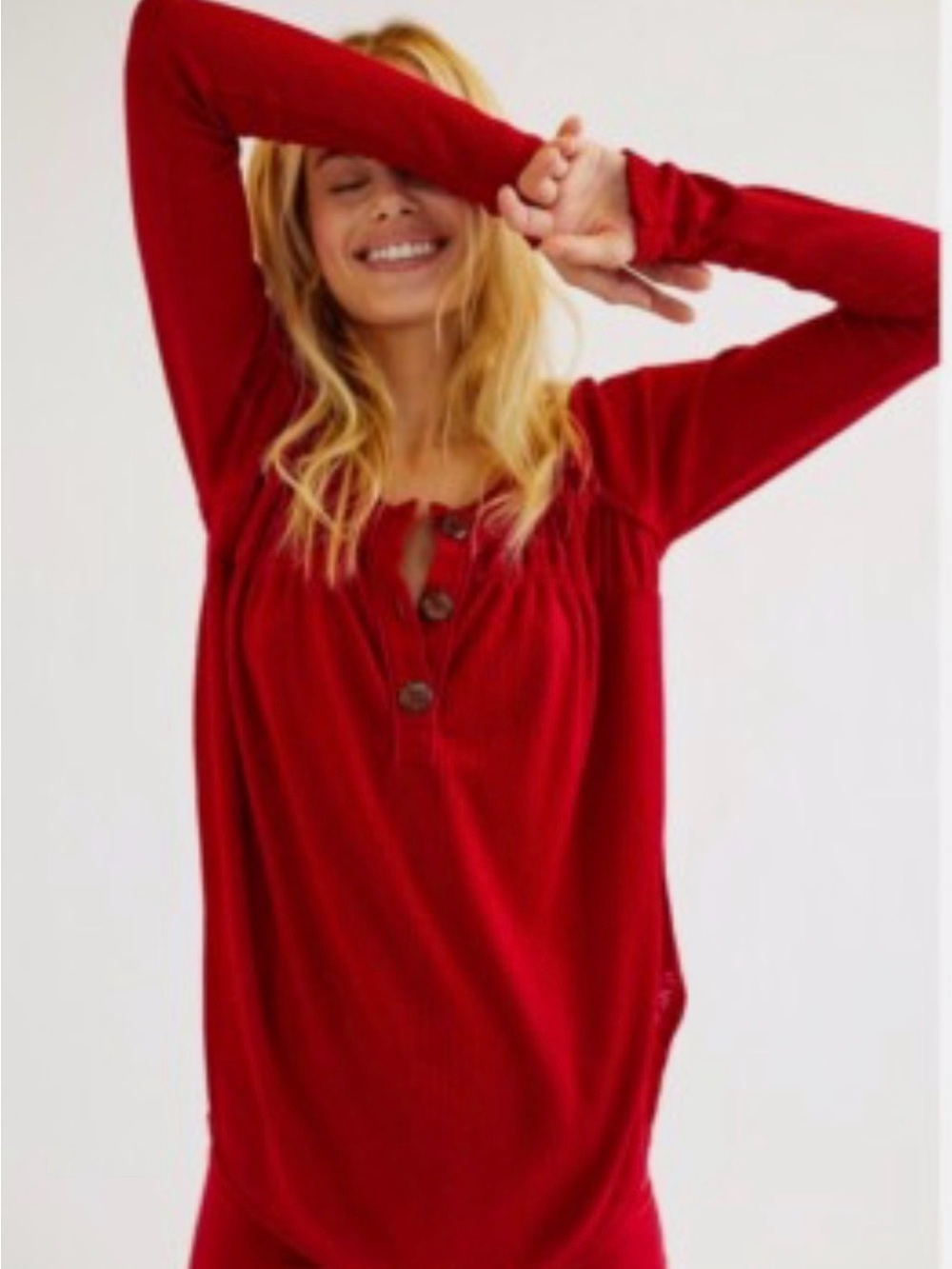 We The Free Red Long Sleeve Waffle Henley Boho Hippie Tunic Top size small